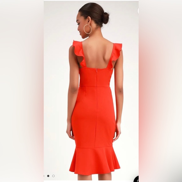 Lulus Medium Coral Orange Ruffled Bodycon Midi Dress- Great condition, worn once - Picture 2 of 5